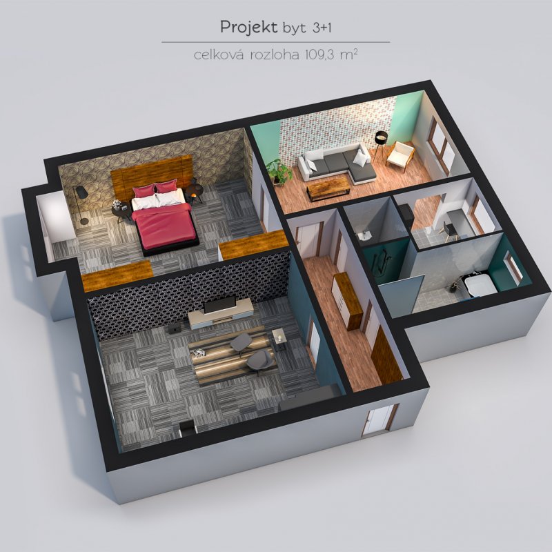 3D vizualizace půdorysu bytu 3+1